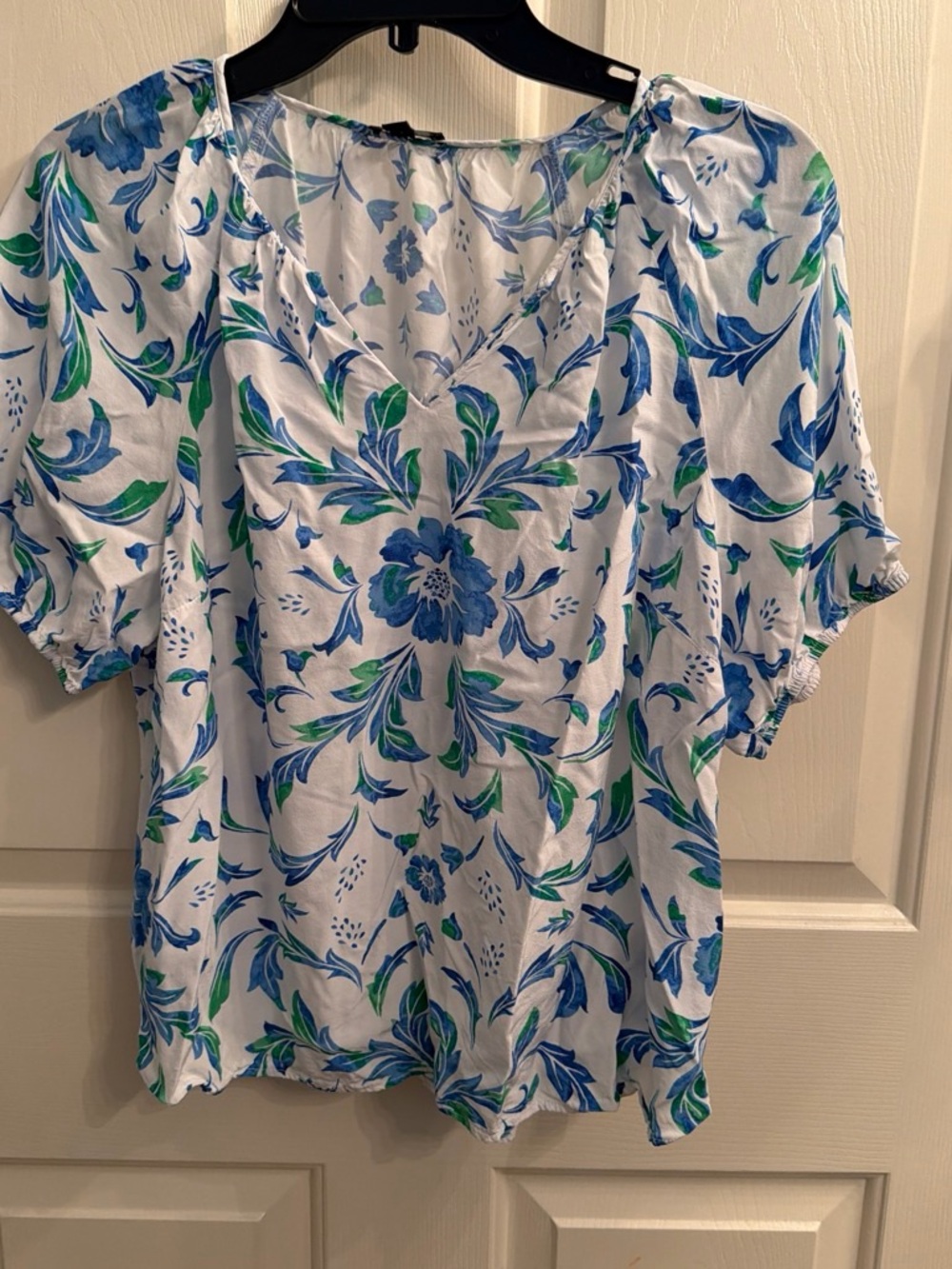 Talbots White Floral V-Neck Blouse with Blue & Green Print